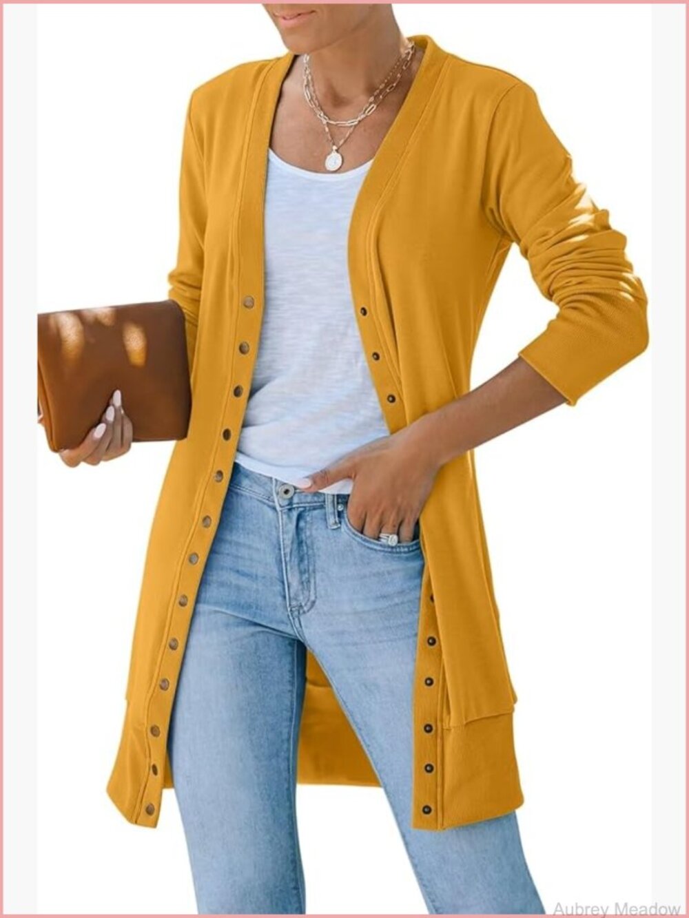 V-Neck Snap Button Cardigan Lightweight Knit Open Front Long Sleeve